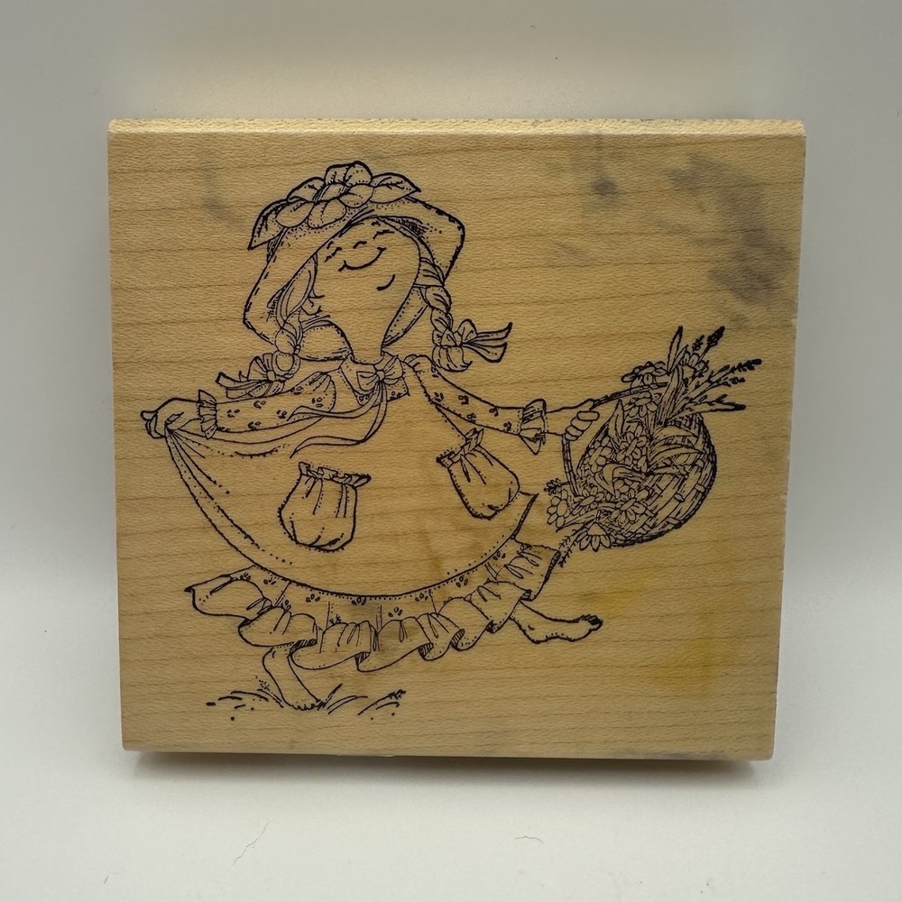 Art Impressions Happy Girl With Flower Basket Wood Mounted Rubber Stamp Vintage